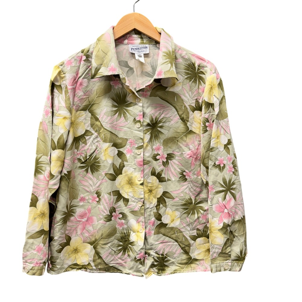 Pendleton Shirt Womens 18W Floral Silk Cotton Sage Green Coastal Button Up Top